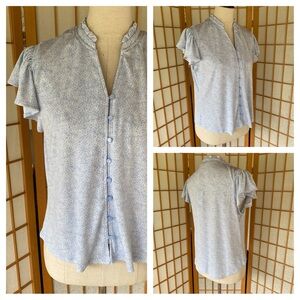 Adrianna Papell Light Blue Smocked FlutterRuffle Sleeve Button Down Blouse M NWT